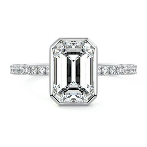 Golden Jewelry Emerald Cut 1.7 Ct Moissanite Women Ring - 14K White Gold Plated Women Wedding Ring - Bezel Engagement Ring - Wedding Anniversary Gift - Solitaire with Accents Ring Women