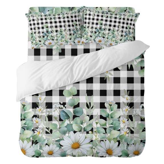 Duvet Cover Set Queen Size 4 Pieces, Farm Daisy Flower Eucalyptus Leaves Comforter Cover Soft Bedding Sets, Black and White Checker Bed Set Include 1 Duvet Cover, 2 Pillow Shams, 1 Bed Sheet