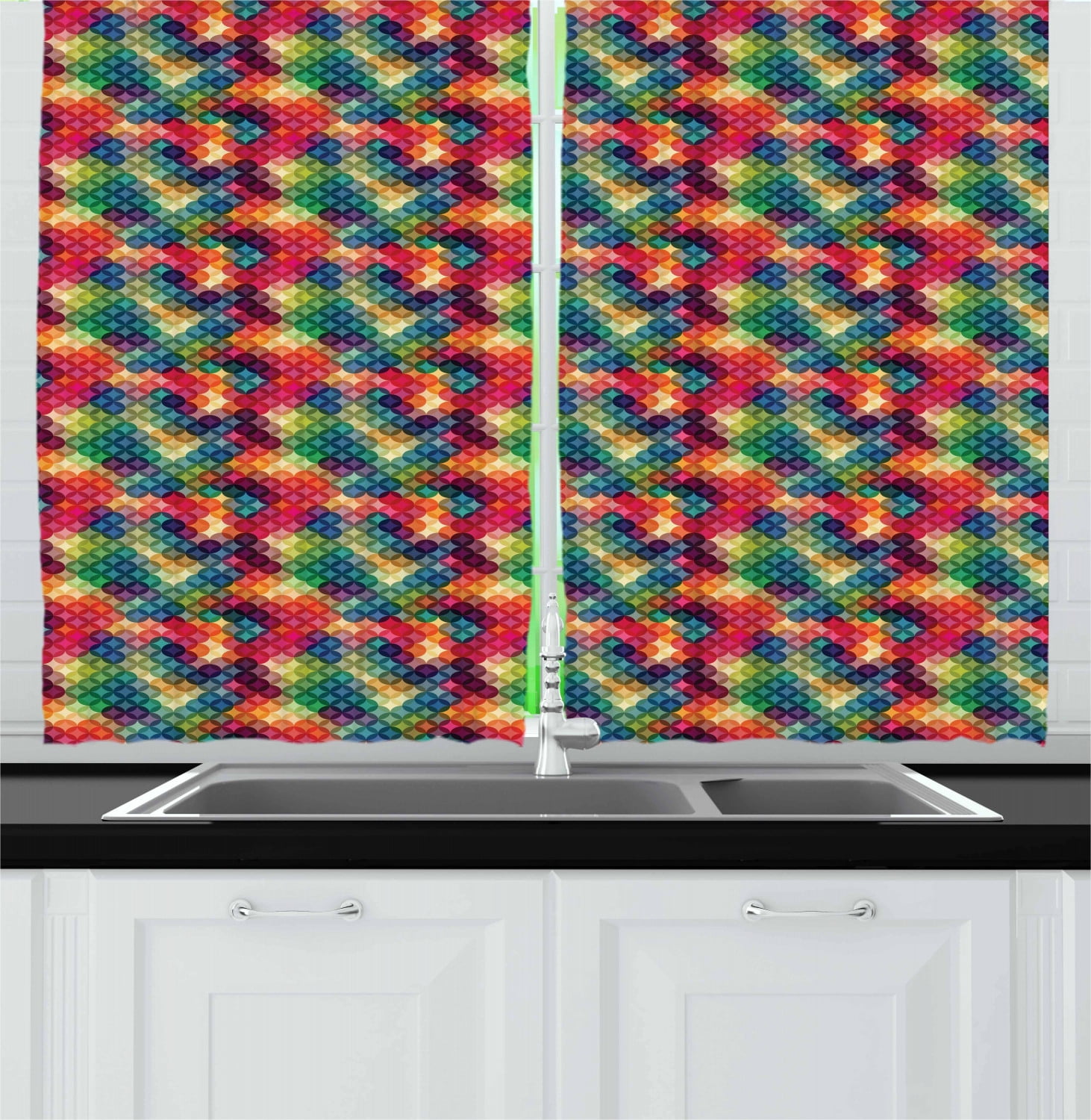 Abstract Curtains 2 Panels Set, Colorful Intertwined Circles Pattern
