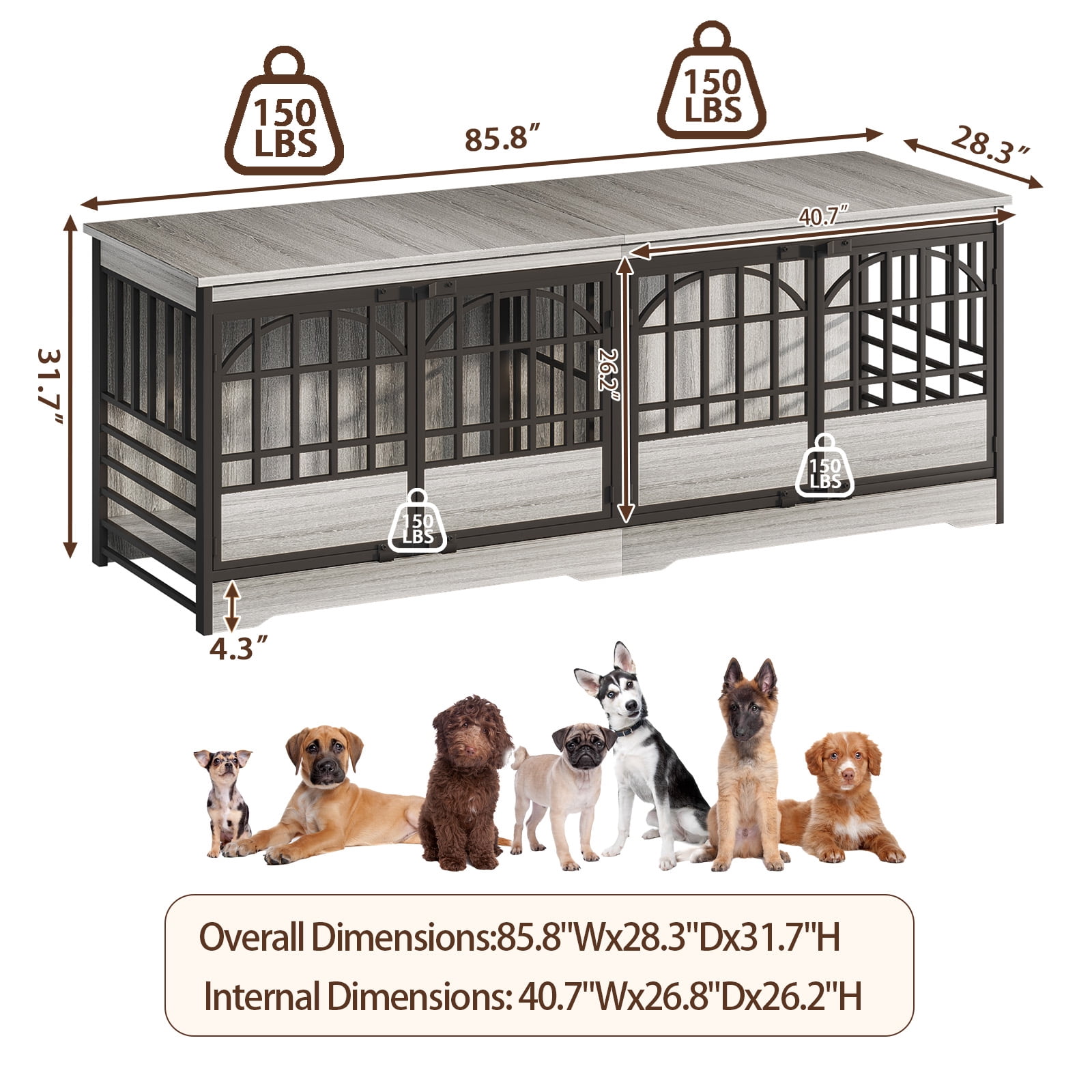 Bel Ark 86 inch Double Dog Crate Furniture for 2 Large Dogs Heavy Duty Double Dog Crates Furniture Indoor as TV Stand,Large Gray