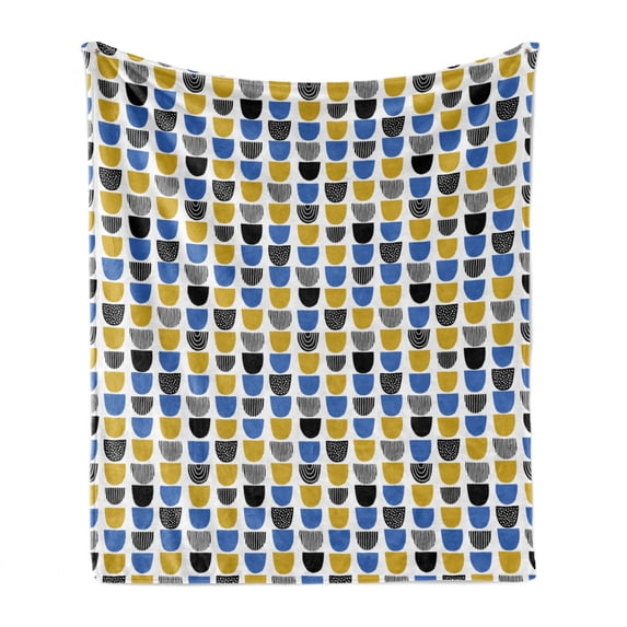 Abstract Soft Flannel Fleece Throw Blanket, Surreal Pattern with Different Ornamental Shapes Hand Drawn Like, Cozy Plush for Indoor and Outdoor Use, 70" x 90", Yellow Blue Charcoal Grey, by Ambesonne
