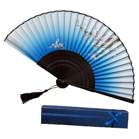 

Folding Fan Set Japanese Style Classic Black Blue Face Plum Blossom Bamboo Collapsible Handheld Fan With Gift Box