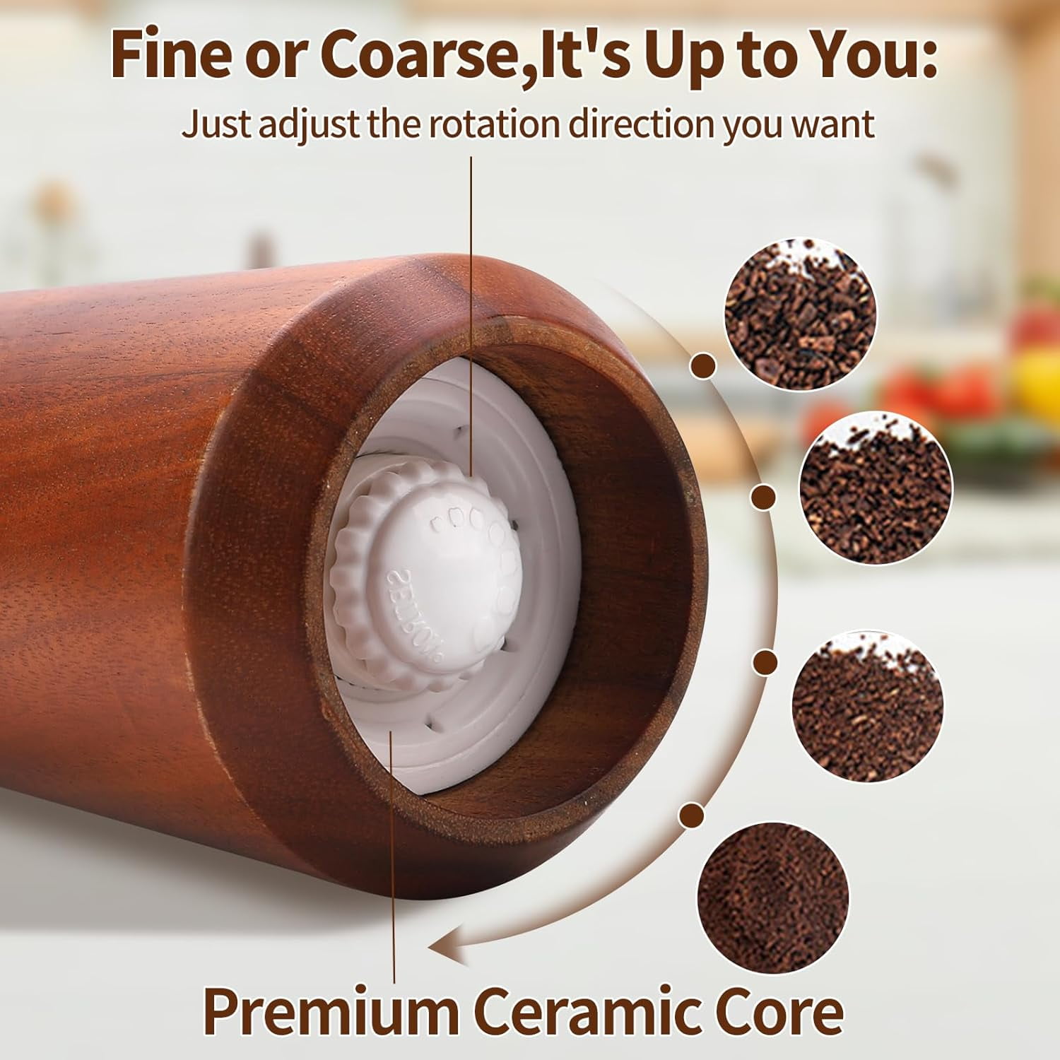 ABCISI Wooden Pepper Grinder,10In Wood Pepper Mill, Refillable Salt Grinder, Pepper Grinder Manual with Adjustable Ceramic Rotor, Easy Refill, Salt and Pepper Shakers with Coarseness Control 1-Pack