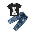 thumbnail image 1 of Gupgi Toddler Boy Summer 2PCS Outfit Set Short Sleeve Letter Tops Ripped Jeans, 1 of 9
