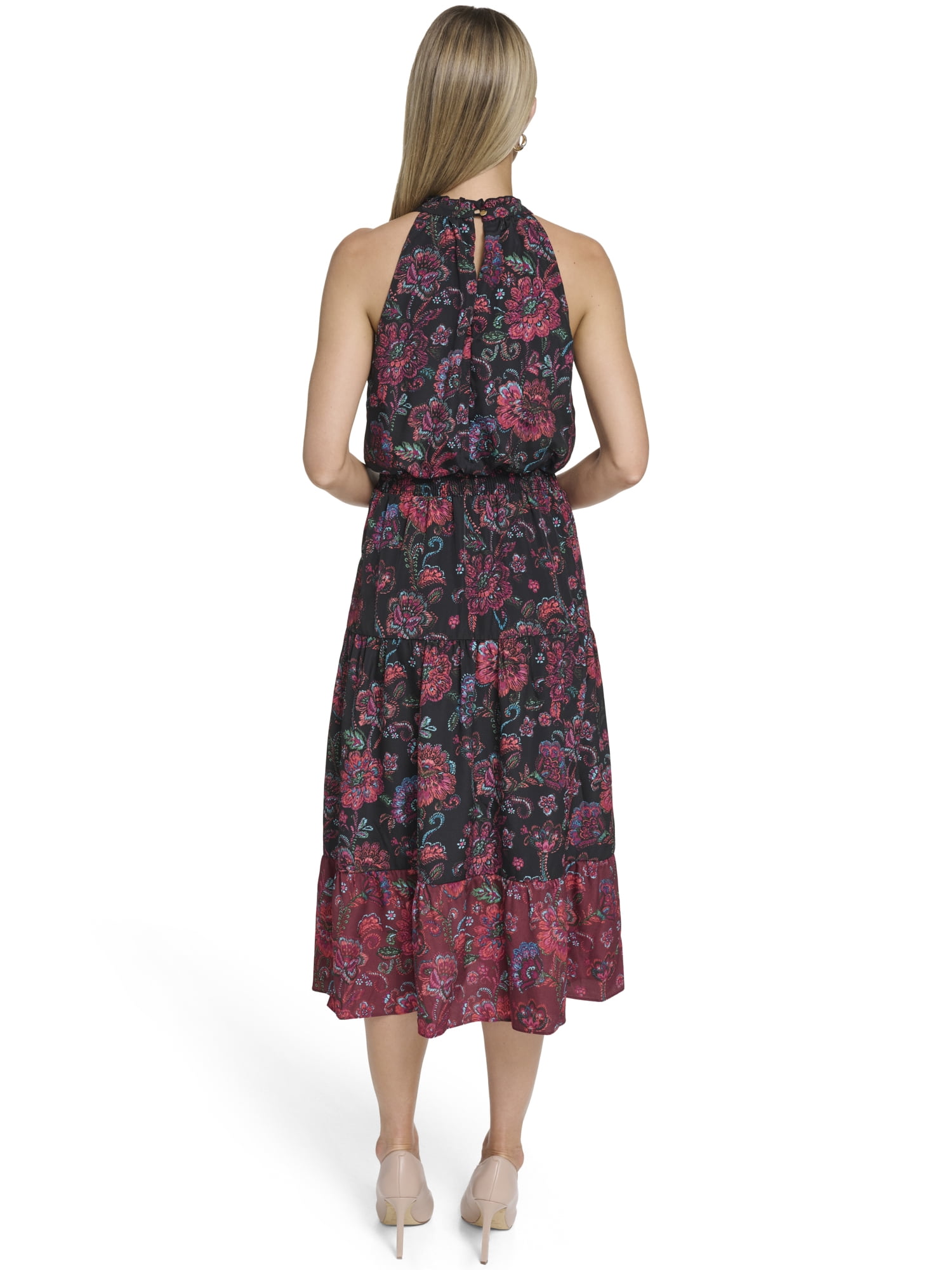 Falling Flowers Women's Ruffle Neck Midi Dress, Sizes XS-XL
