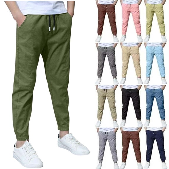 Sevevn Boys Linen Pants School Uniform Chino Pants Kids Drawstring Elastic Waist Pull on Twill Jogger Pants with Pockets 4-11 Years