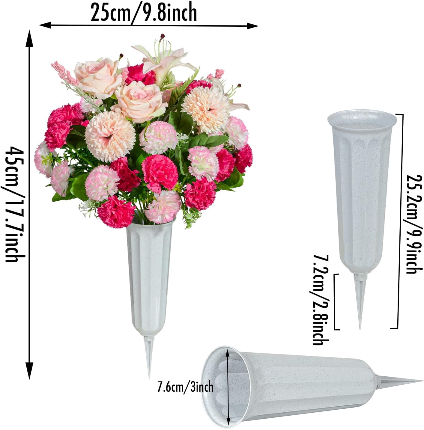 Cemetery Flowers, Set of 2 Artificial Carnation Bouquet Grave Memorial Flowers with Vase for Cemetery Headstones Decoration (Carnation)