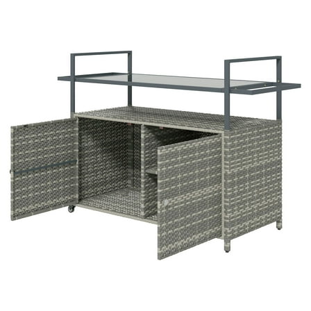 Outdoor Bar Cart with Glass Top & Storage - PE Rattan Patio Serving Cart - Mixed Gray