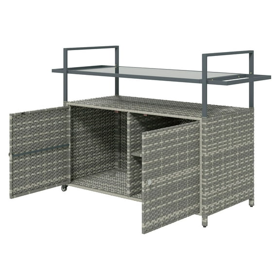 Outdoor Bar Cart with Glass Top & Storage - PE Rattan Patio Serving Cart - Mixed Gray