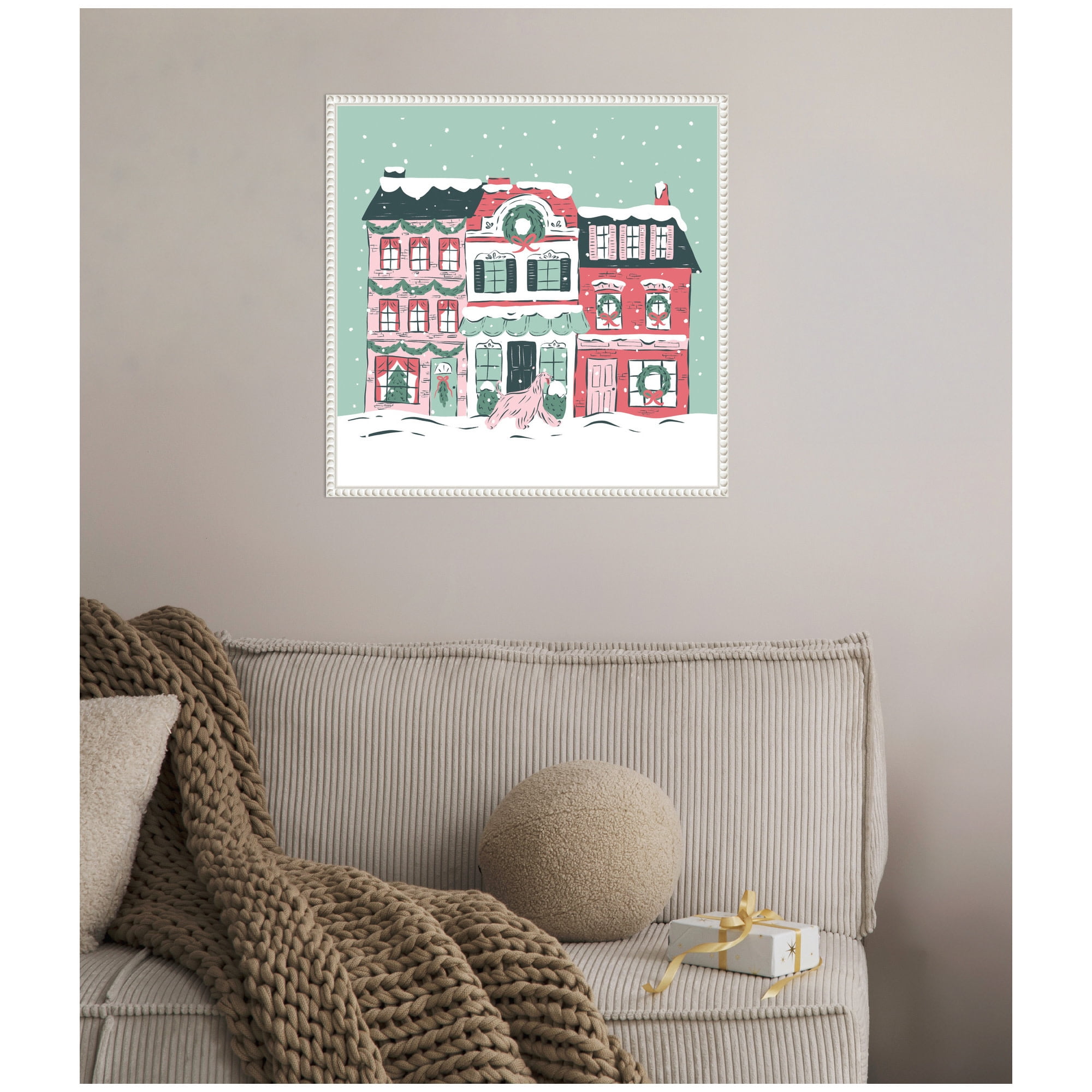 Kate and Laurel Framed Canvas Wall Art Print 'Snowy Christmas Village' by Krissy Mast, 22 x 22 Sylvie Beaded White Frame, Whimsical, Holiday Art for Wall Decor