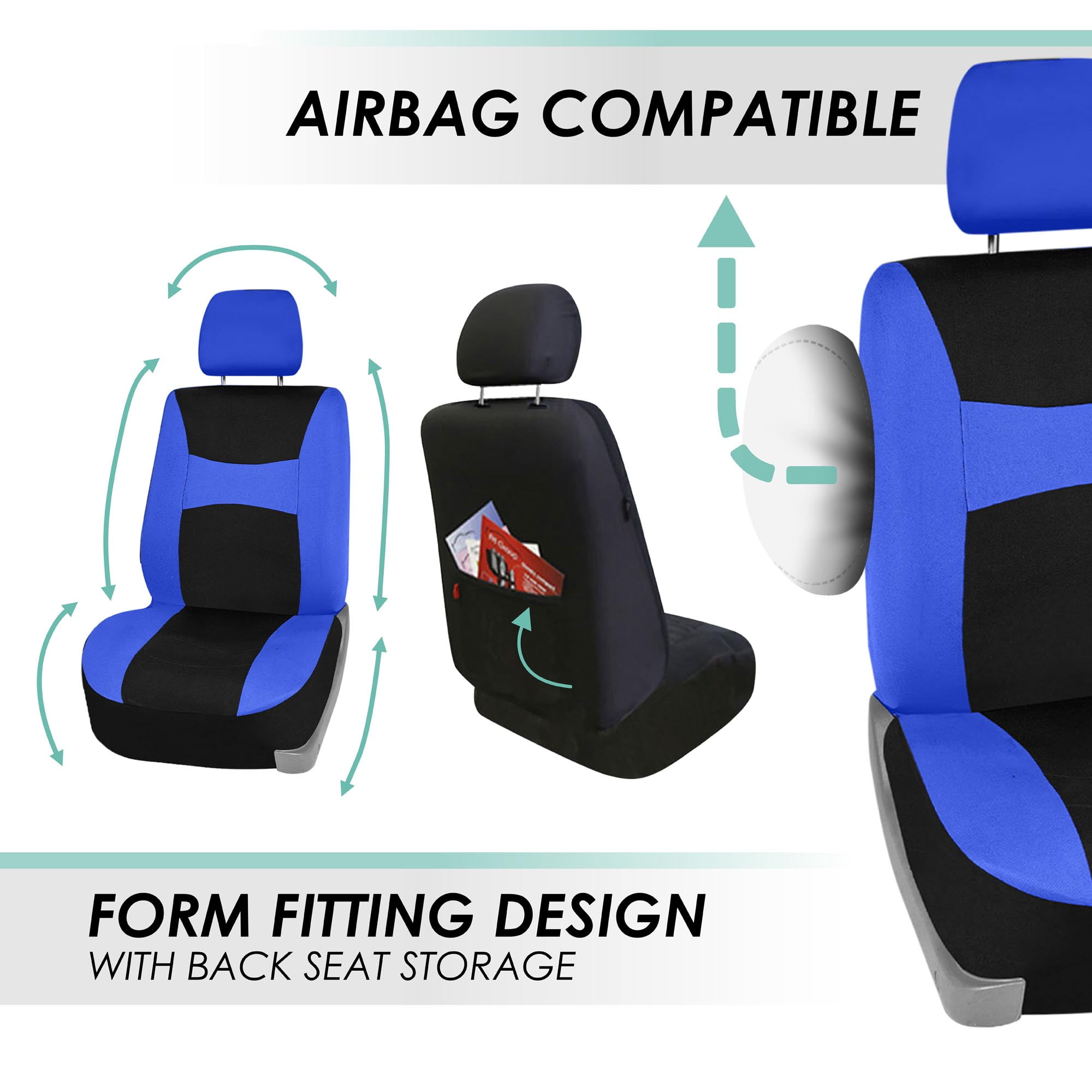 FH Group Universal Fit Flat Cloth Car Seat Cover Set For Car Truck SUV Van - Full Set Blue