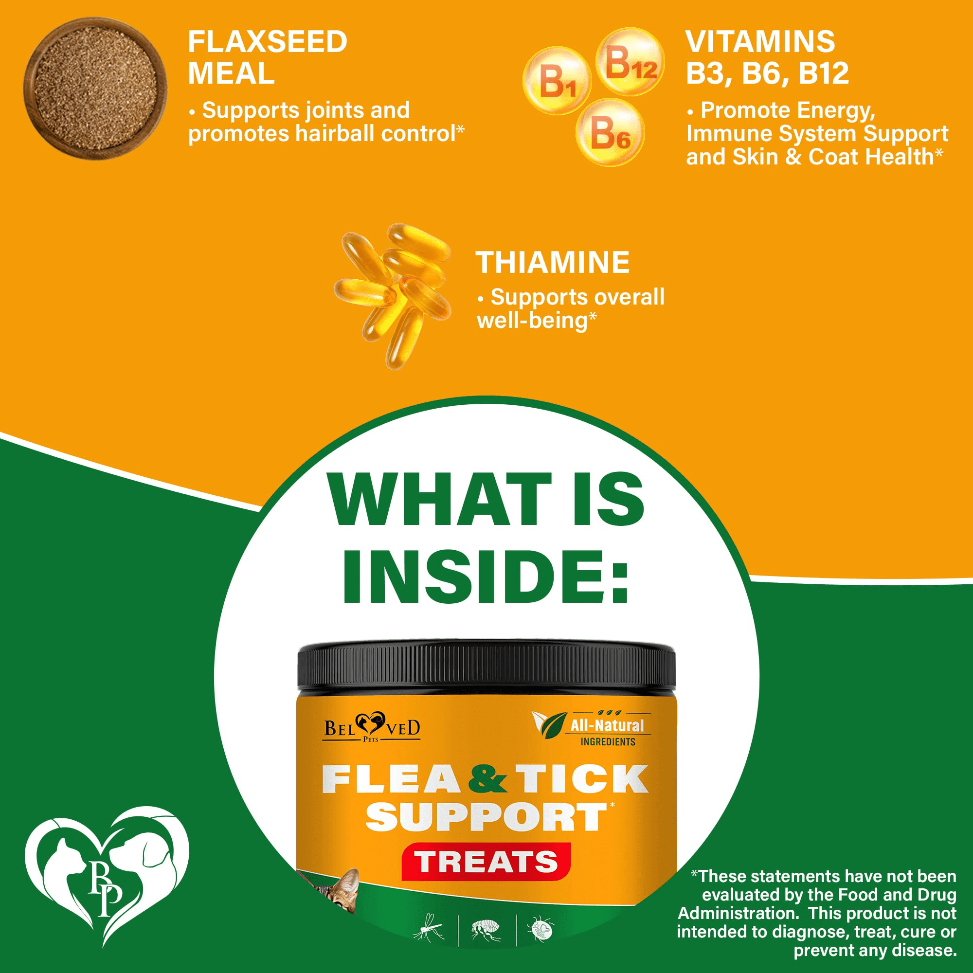 Beloved Pets Natural Flea and Tick Support Chews - Chicken Flavored Healthy Skin & Coat Soft Treats for Cats, 10 oz Jar