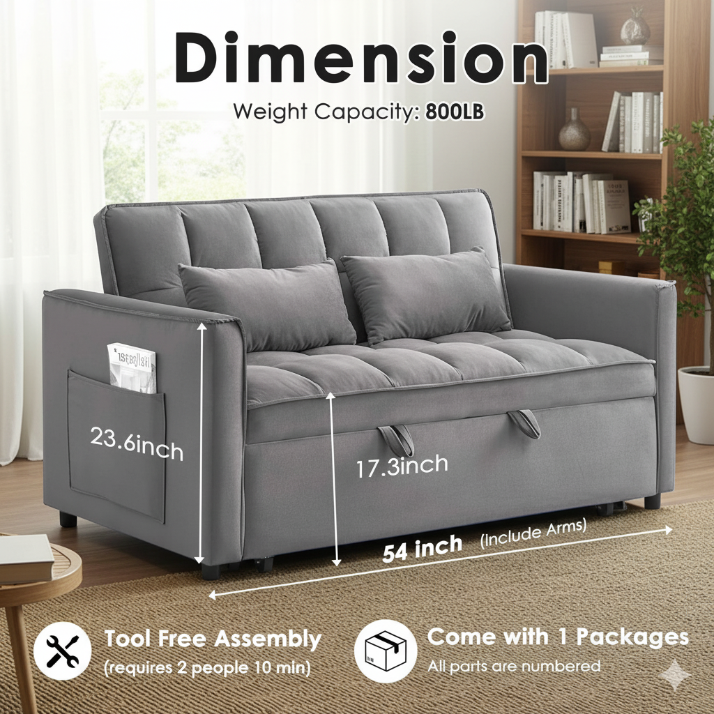 3 in 1 Sleeper Sofa Bed, 55" Convertible Pull Out Couch with Adjustable Backrest, Velvet Loveseat Sofa with Side Pockets for Living Room, Bedroom, Apartment, and Small Space (Dark Gray)