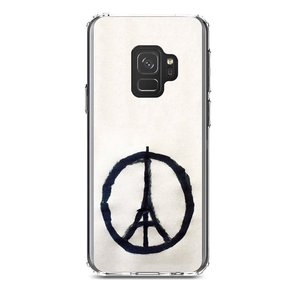 DistinctInk Clear Shockproof Hybrid Case for Samsung Galaxy S9 (5.8" Screen) - TPU Bumper, Acrylic Back, Tempered Glass Screen Protector - Paris Peace Symbol - Paris