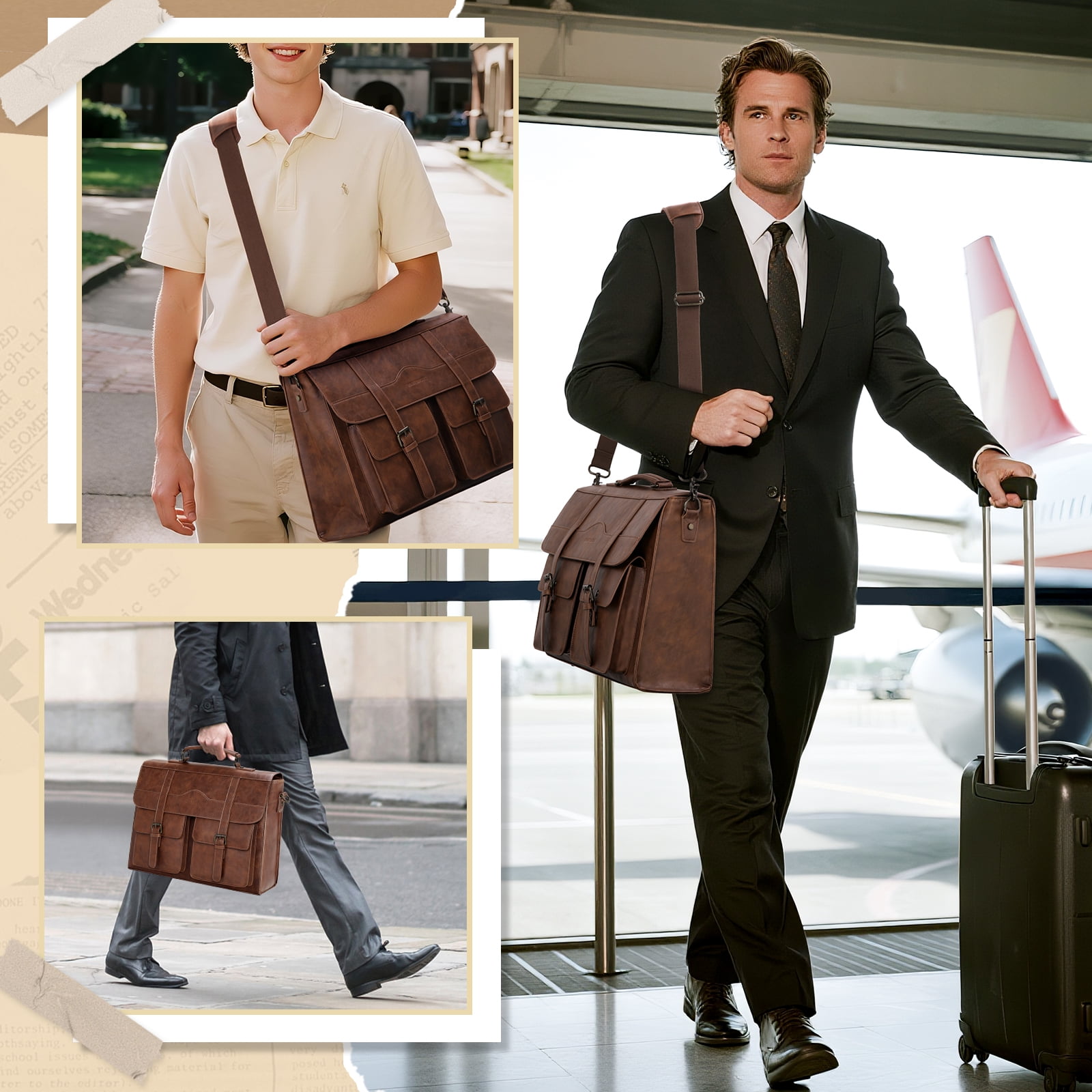 RAINSMORE Mens Messenger Bag 17 Inch Vintage Leather Laptop Bag Magnetic Closure Large Satchel Computer Briefcase Shoulder Bag,Brown