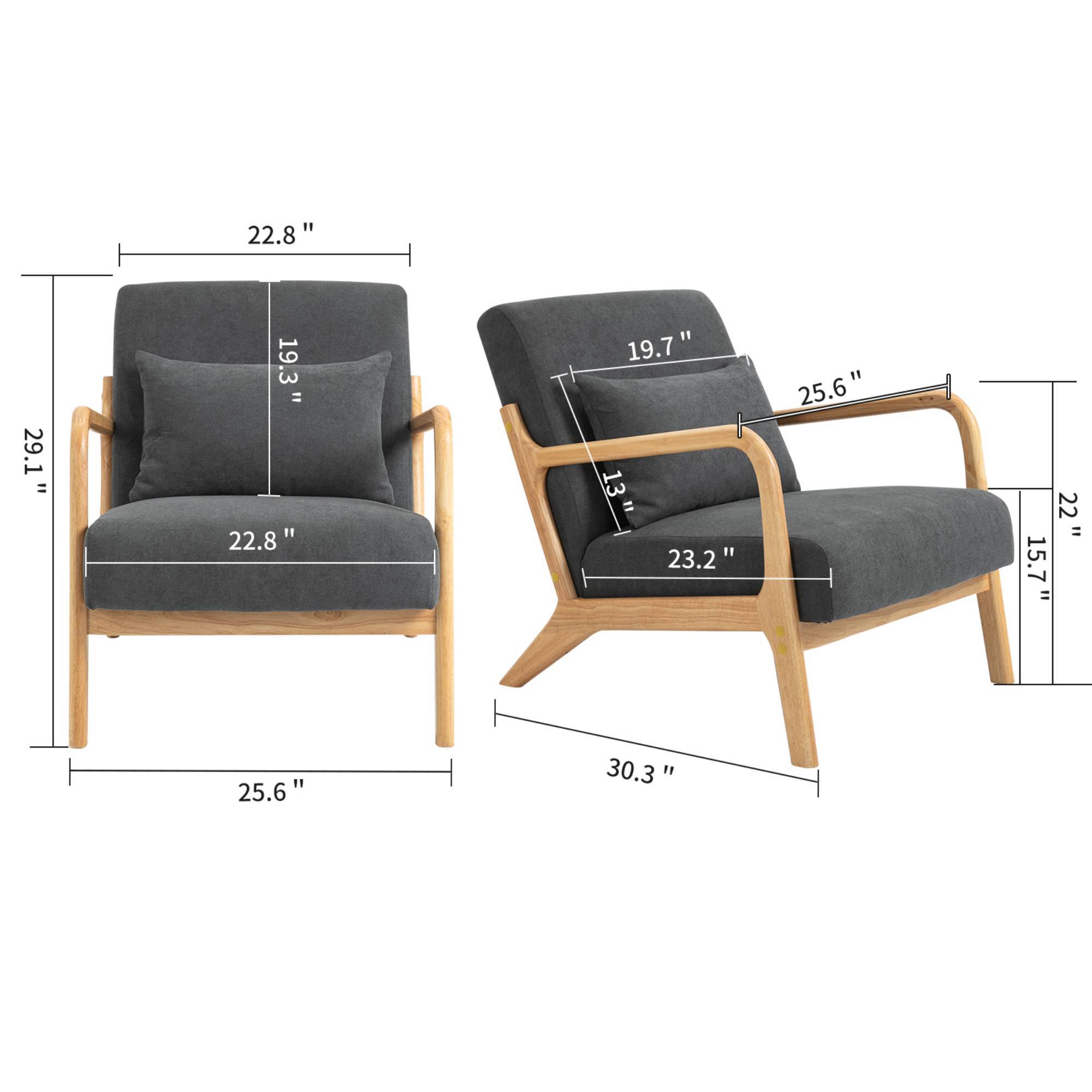 Mid-Century Modern Accent Chair with Pillow Velvet Lounge Arm Chair Comfy Reading Chair with Solid Wood Frame for Living Room, Bedroom, Dark Grey