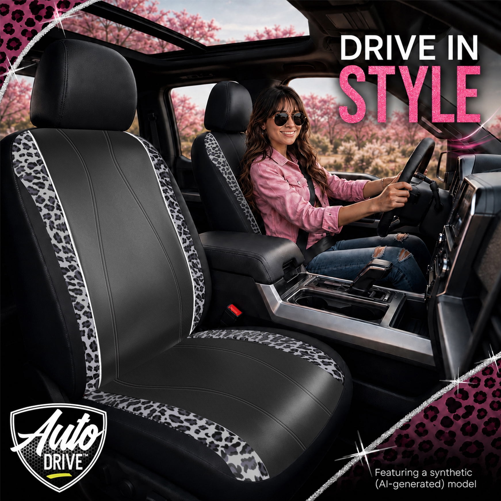 Auto Drive Car Seat Covers , Fashion Seat Covers,Leopard Print & Rhinestone Trim Front Seat Covers, Universal Fit, Airbag Compatible for Cars, SUVs and Trucks,Black