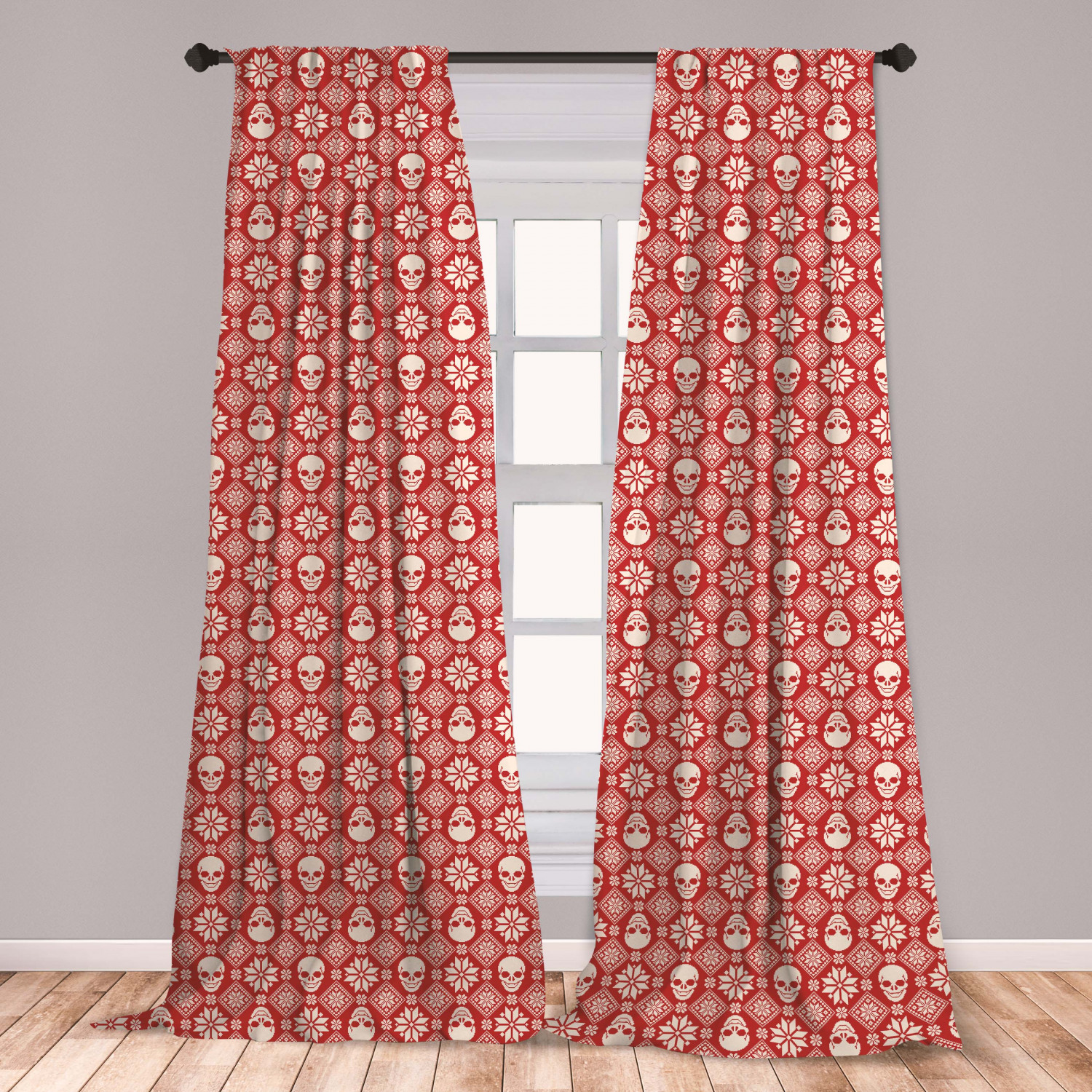 Nordic Curtains 2 Panels Set, Nordic Stitch Skull Pattern with