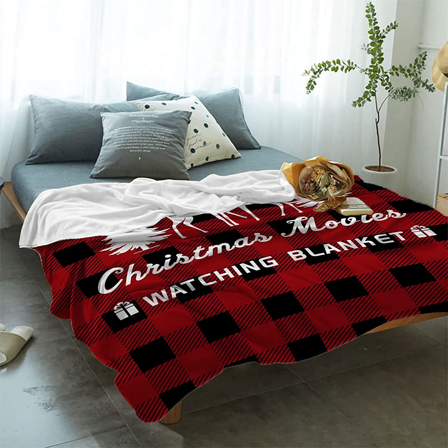 This is My Christmas Movie Watching Blanket Super Soft Flannel Fleece Christmas Reindeer Red Buffalo Plaid Throw Blanket Cozy Fuzzy Plush Bed Blankets for Couch Sofa 40x50inch