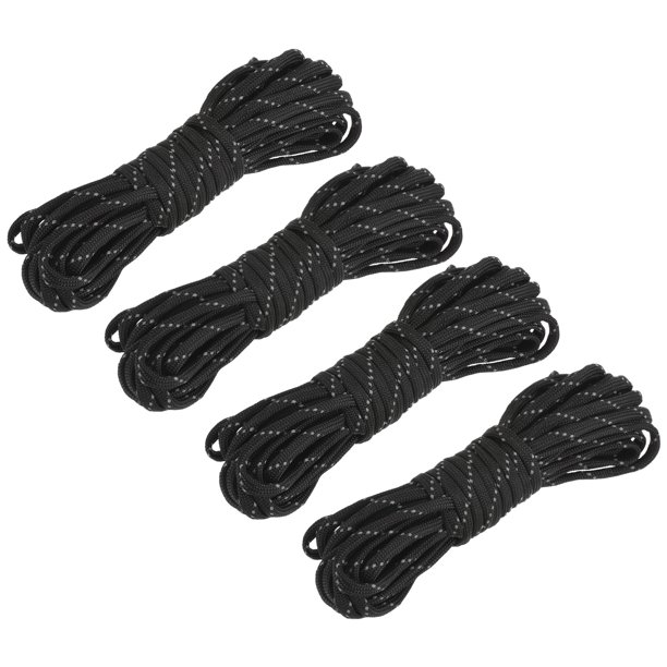 Carpa Cuerda 19.7 Pies 4mm Reflectante Sujeción Cuerda Nylon Sujeción Cuerdas para Exterior Camping Senderismo, Negro Paquete de 4 Unique Bargains estacas de la tienda