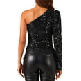 thumbnail image 3 of INSPIRAR CHIC Blusa de Mujer con Lentejuelas de Un Hombro, Manga Larga con Volantes, Tops Brillantes y Elegantes para Fiesta, Color Negro, 3 of 5