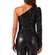 thumbnail image 3 of INSPIRAR CHIC Blusa de Mujer con Lentejuelas de Un Hombro, Manga Larga con Volantes, Tops Brillantes y Elegantes para Fiesta, Color Negro, 3 of 5
