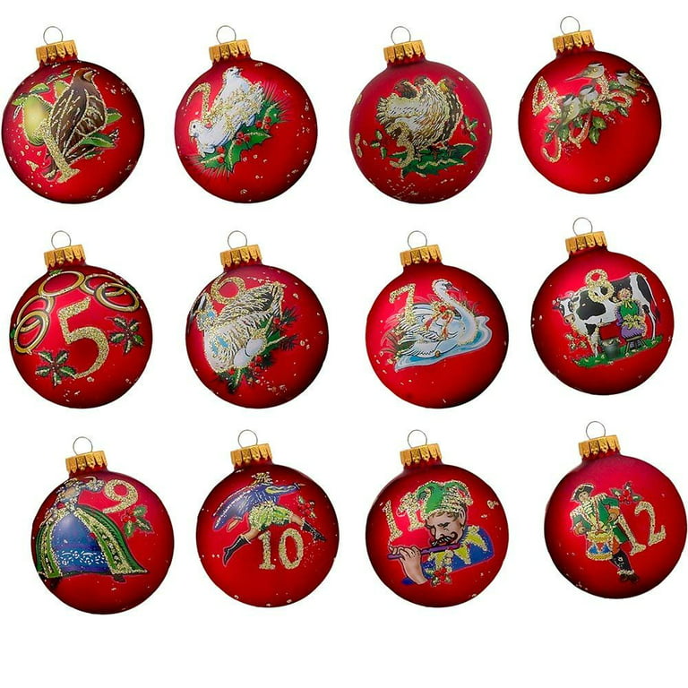 Kurt Adler 12-Piece 12-Days of Christmas Decorative Glass Balls Set, 65mm
