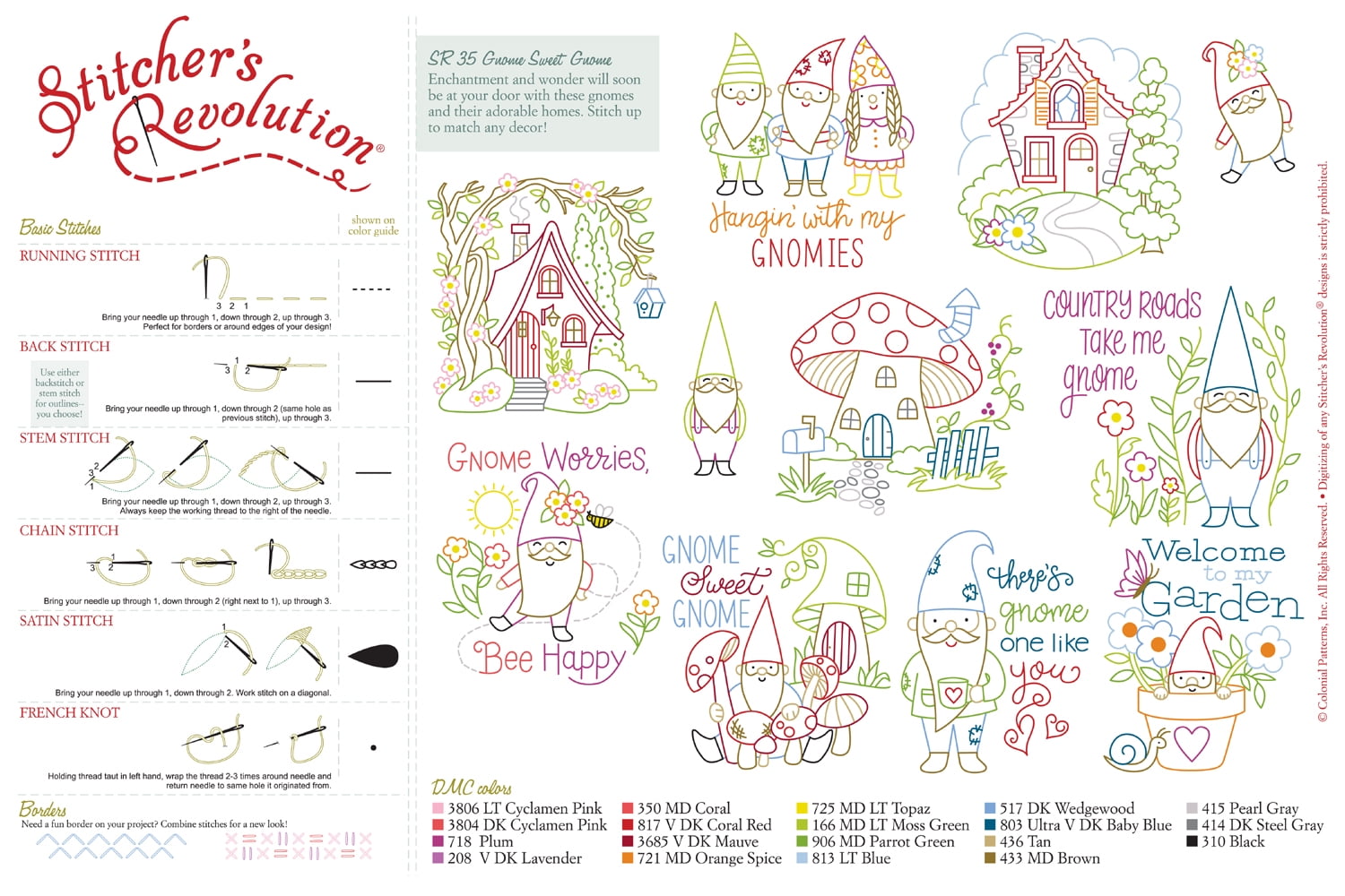 (3 pack) Stitcher's Revolution Gnome Sweet Gnome Iron On Transfer Embroidery Pattern, 9 Designs