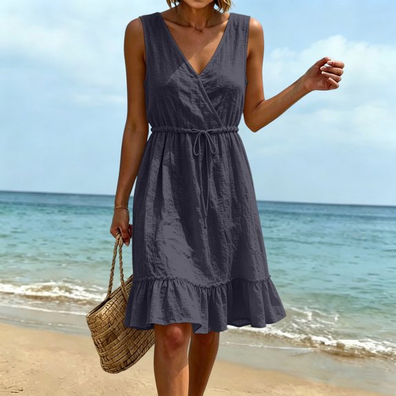 ClodeEU Women's Sleeveless V Neck Ruffle Hem Midi Dress,Casual Drawstring Waist Flowy Sundress Black,Women's Plus L