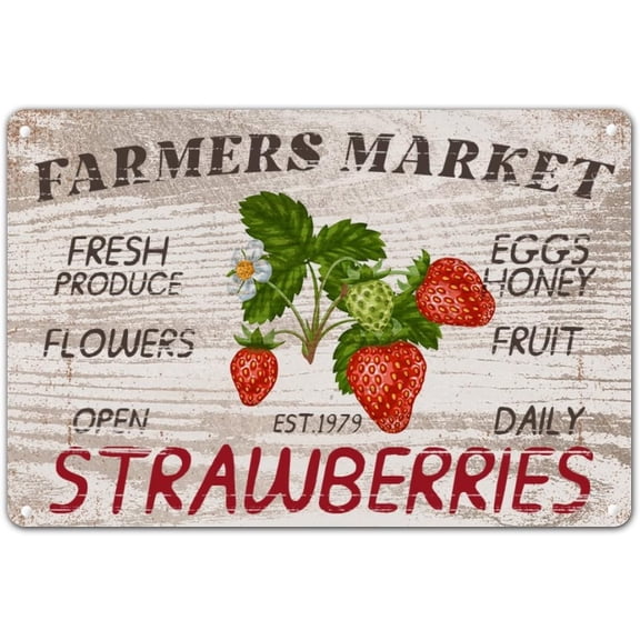 Retro Strawberries Metal Tin Sign Summer Fruit Farmhouse Wall Decor Plaque 8x12 Inches