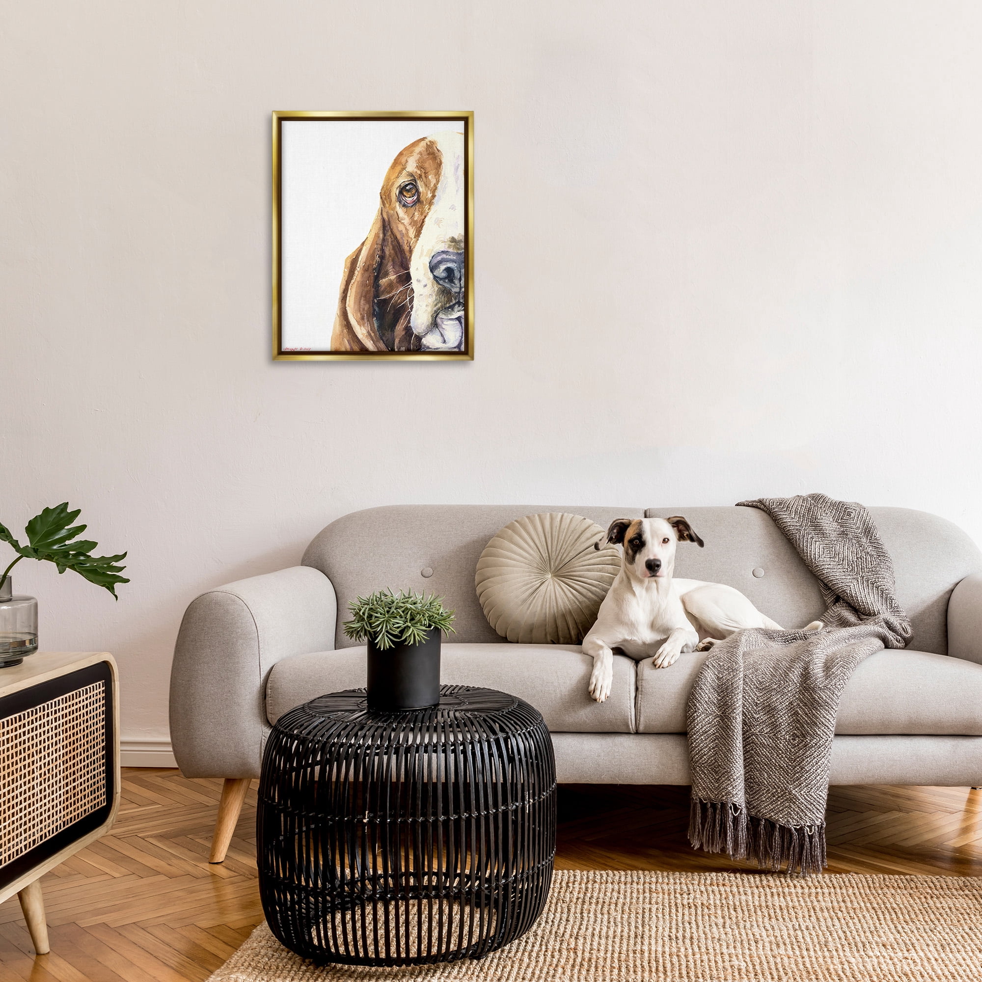 Stupell Industries Cute Basset Hound Pet Watercolor Animals & Insects Painting Gold Floater Framed Canvas Art Print Wall Art, 25 x 31