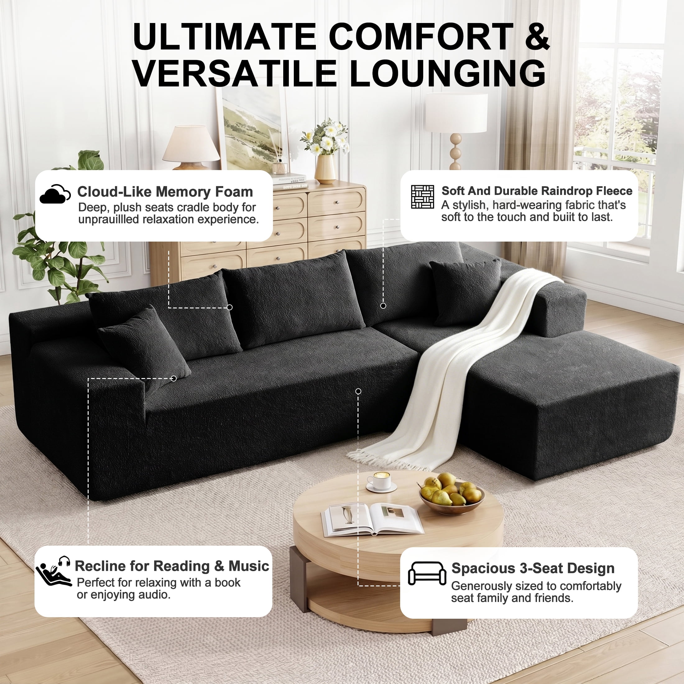 Xiweot 103" Boneless Sectional Sofa for Living Room, Memory Foam Cloud Modular Sectional Couch with Deep Seat, No Assembly Velvet L Shaped Sofa with Right Facing Chaise, Black