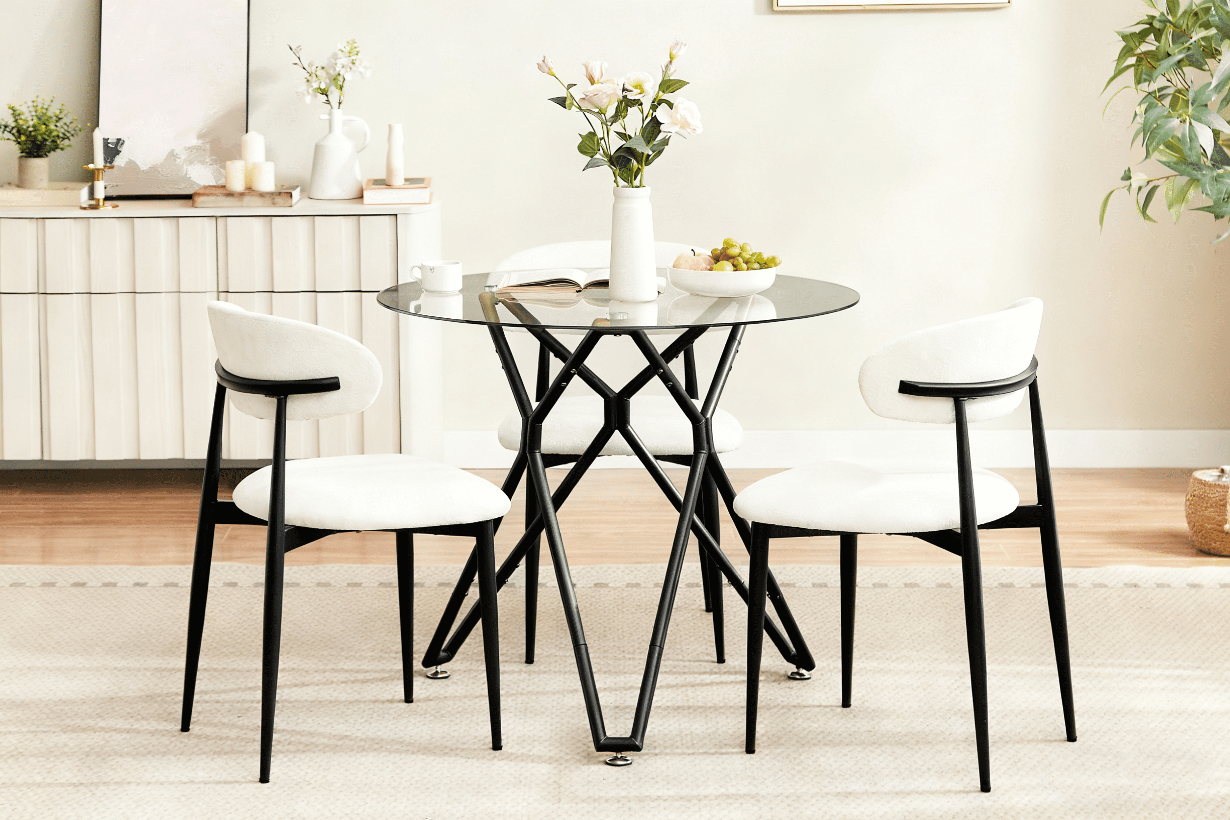 Dining Table with Round Tempered Glass Top 35.4 Inch, Space-Saving Kitchen Table and Bistro Table with Sturdy Metal Legs for 1-4 People, Black