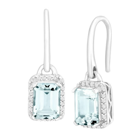 1 3/4 ct Natural Aquamarine & 1/8 ct Diamond Drop Earrings in 10kt White Gold