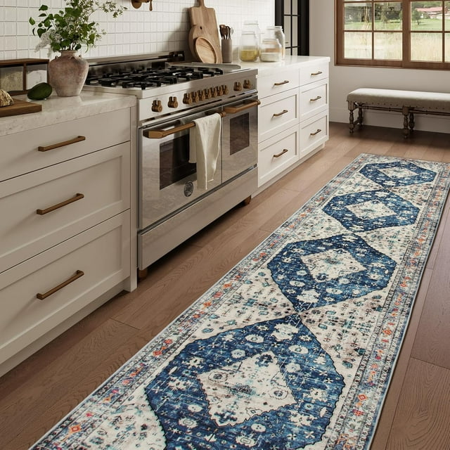 Lahome Boho Tribal Runner Rug, 2'6"x12' Hallway Runner Rug Non Slip Runner Rugs with Rubber Backing, Oriental Non-Shedding Indoor Long Stair Carpet Runner for Bedroom Bathroom Kitchen, Blue