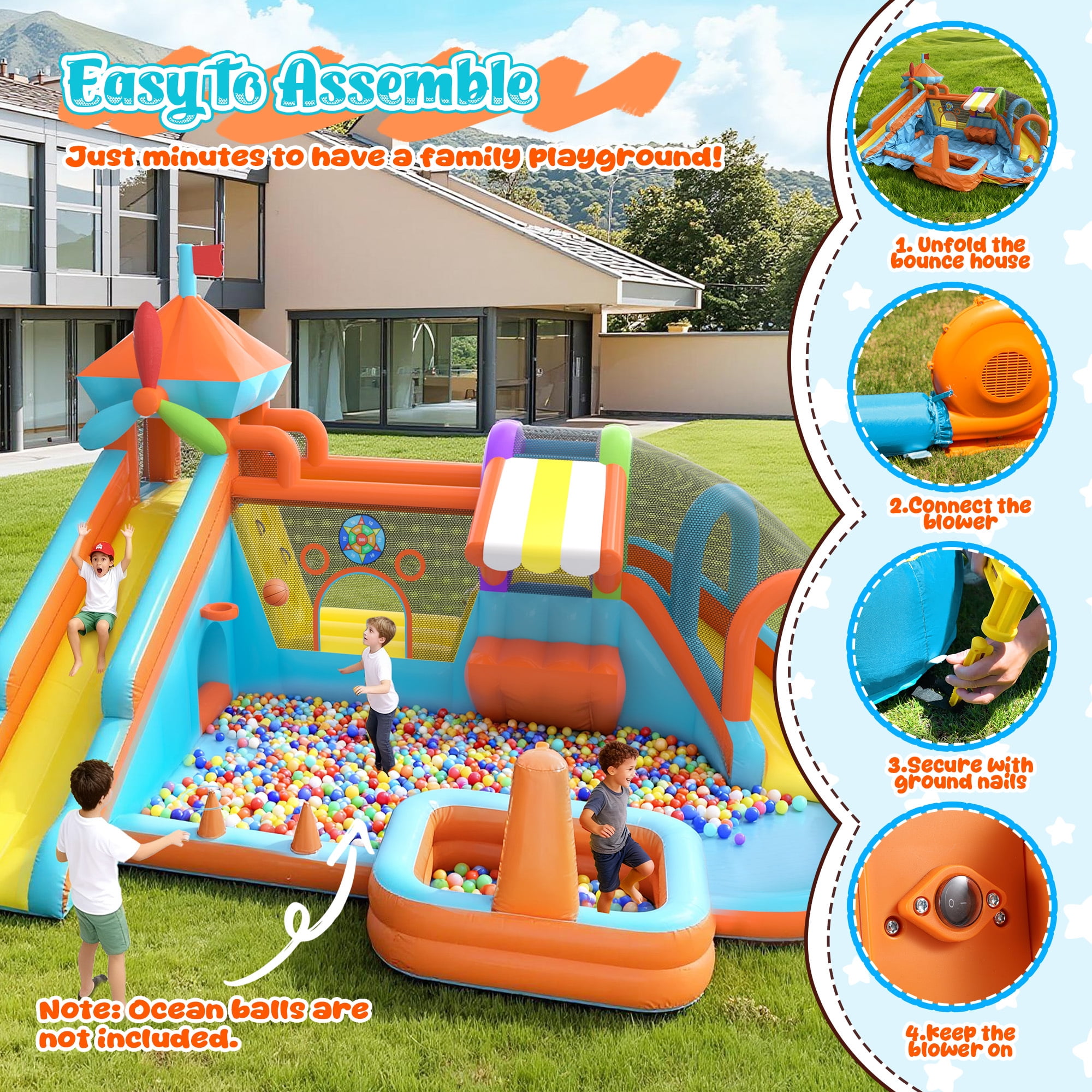Letsgokid 17.5×13 FT 12 in 1 Water Bounce House for Kids with Double Slide, 750W Blower, Toy Stand, Jumping, Climbing Wall, Water Gun, Splash Pool, Tunnel, Basketball, Indoor, Outdoor, Orange