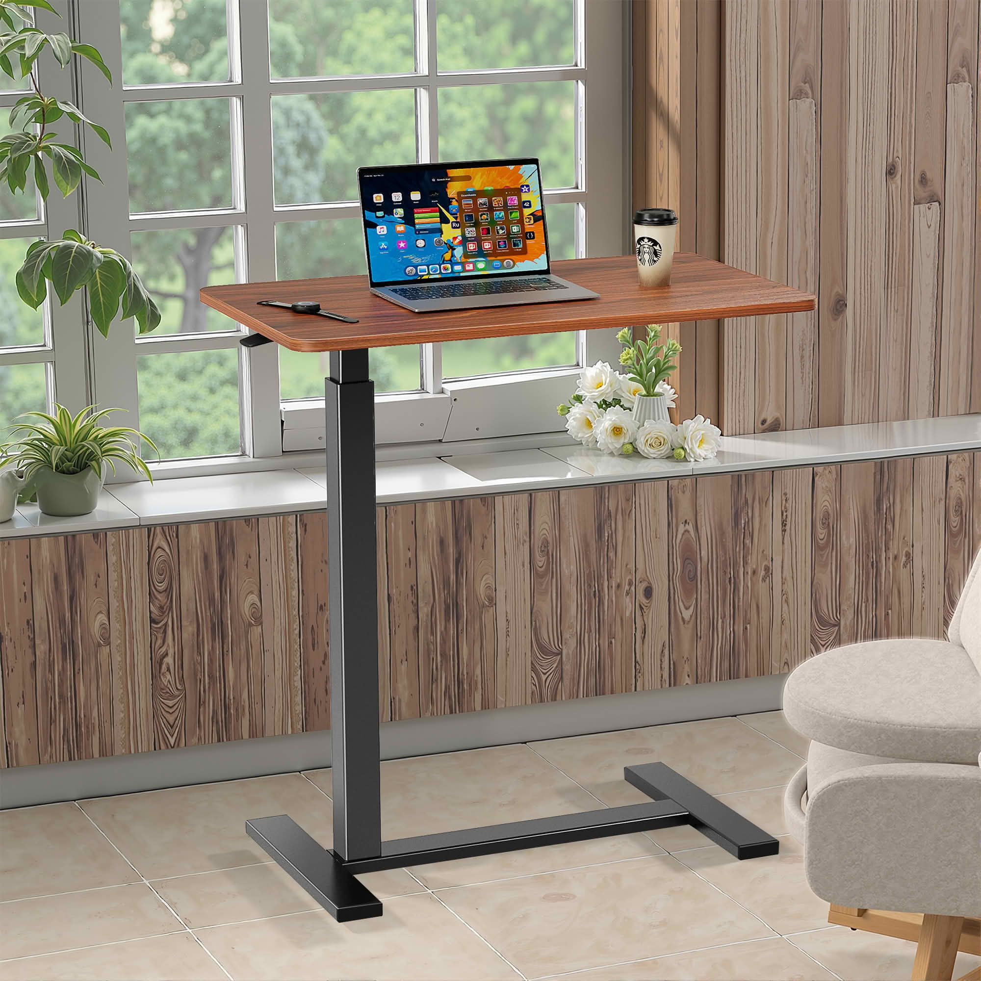 MAYEERTY Adjustable Mobile Bed Table, Computer Desk Standing Table, Home Office Use, Brown