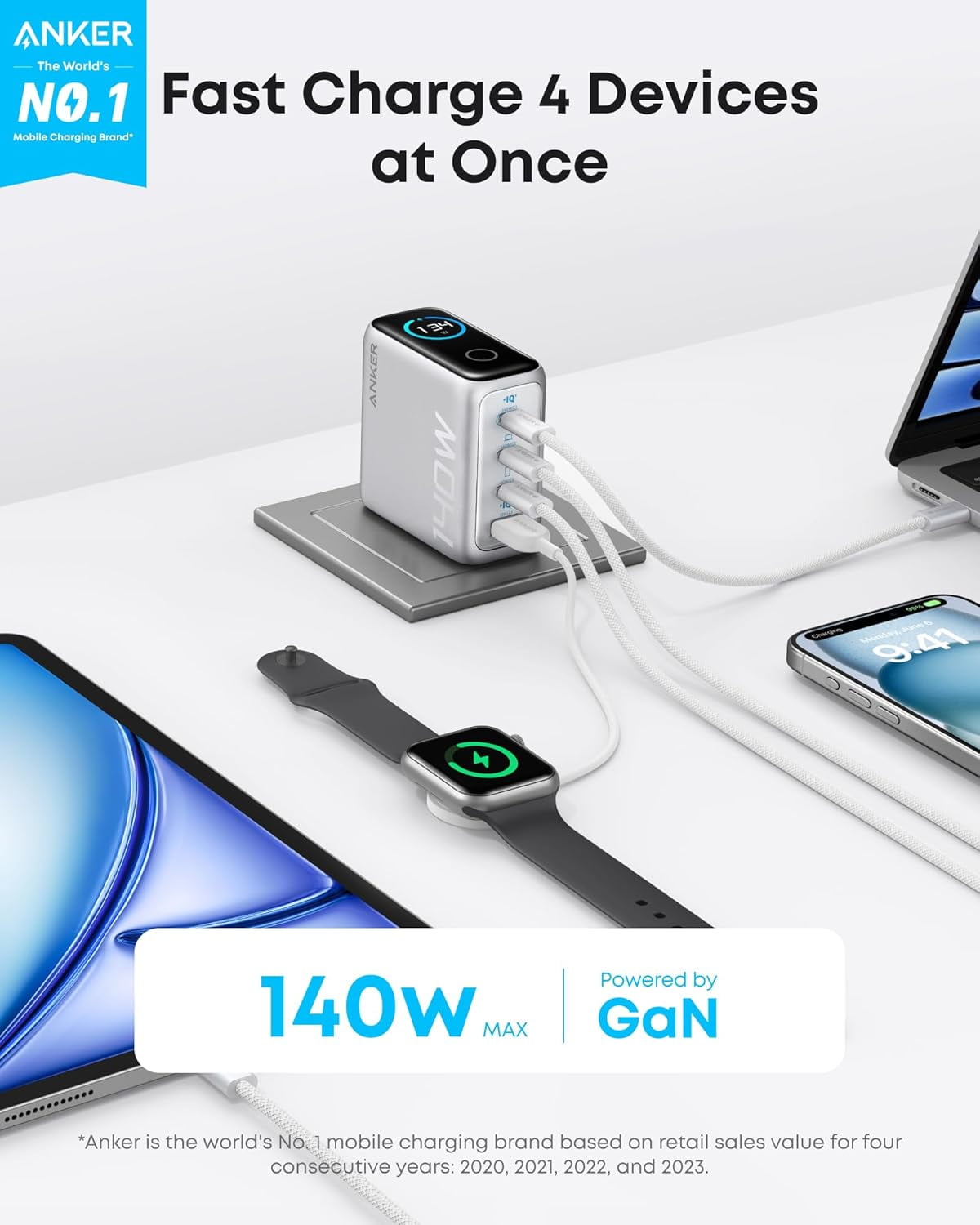 Anker Laptop Charger, 140W Max 4-Port GaN USB C Power Adapter with