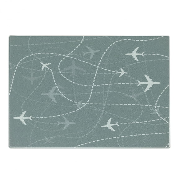 Airport Cutting Board, Repetitive Pattern of Simple Airplane Traces Scheme in Monochromatic Design, Decorative Tempered Glass Cutting and Serving Board, in 3 Sizes, by Ambesonne