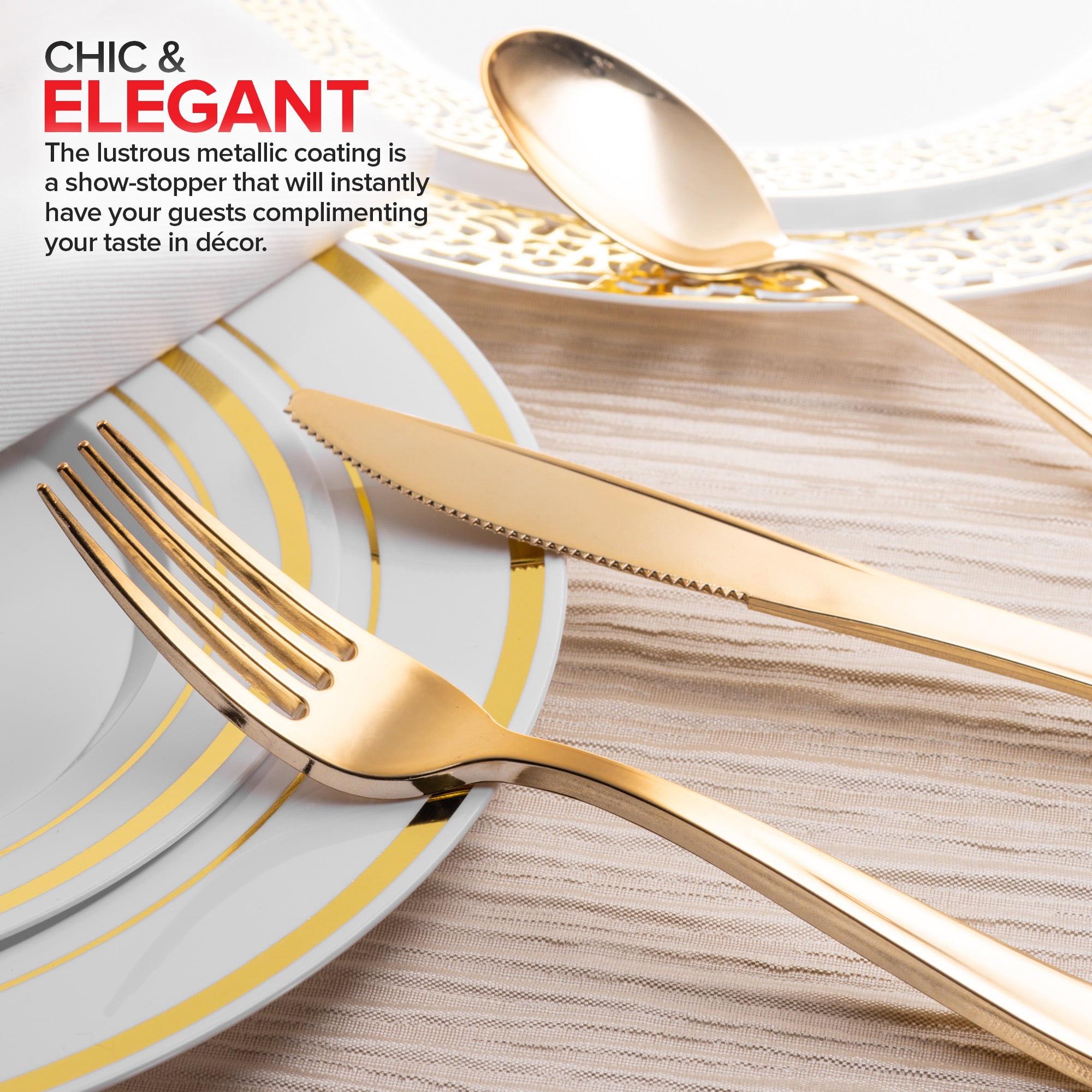 200 Pieces Pre Rolled Gold Plastic Cutlery Set, Individually Wrapped Plastic Silverware Set with 50 Forks, 50 Knives, 50 Spoons, 50 Napkins, Utensils for Weddings, Service for 50 Guests