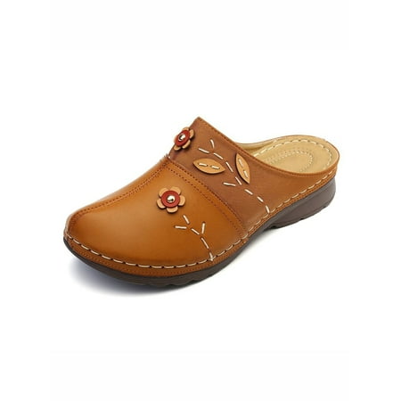 

UKAP Women Sandals Slippers Floral Design Round Toe Comfortable Slip On Woman Wedge Casual Light Brown 11