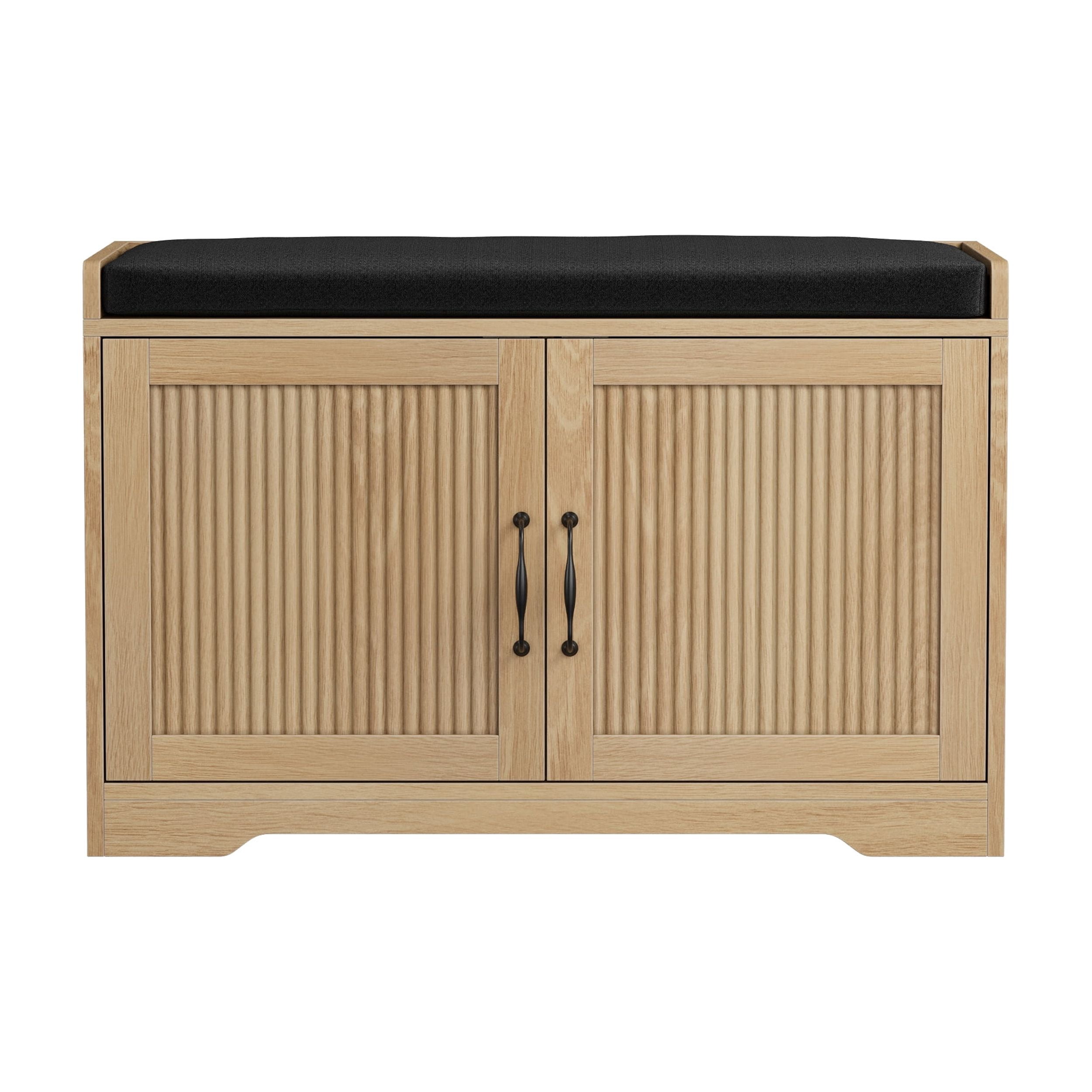 31.5 Inch Oak Finish Entryway Shoe Storage Bench with Double Slatted Doors & Upholstered Cushioned Seat, MDF Hallway Shoe Organizer Bench for Foyer Walk-In Closet