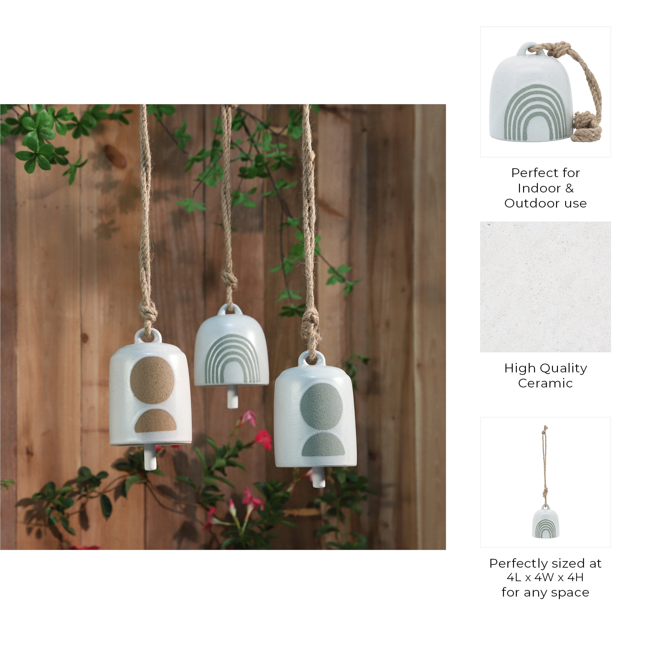 Modern Ceramic Small Bell Wind Chimes for Garden or Outside Decor - Beautiful Windchime for Patio & Porch Hanging Display - Decorative Outdoor Accent for Home Decoration - 4", White & Green