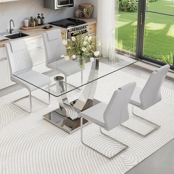 TesNus 63" Glass Dining Table Set for 4, Rectangular Tempered Glass Table with Silver Stainless Steel U-Shaped Base and 4 Light Grey PU Leather Chairs for Dining Room