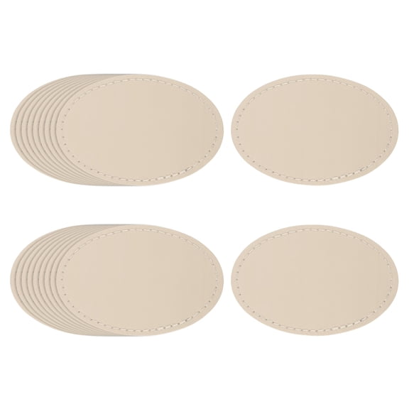 Uxcell 20 Pcs Leather Patches for Hats, Oval Leather Hat Patches with Adhesive, Rustic Faux Iron on Blank Patch for Laser Engraving Fabric Repair Sew Crafts, Beige