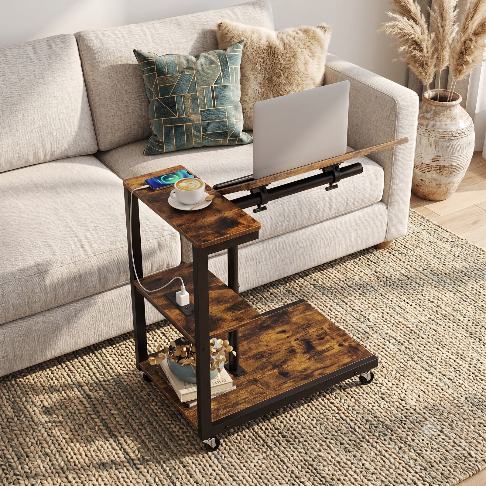 Furnibear 3-Tier Mobile Couch Side Table Set of 2 with Charging Station, Height Adjustable C-Shaped Sofa End Tables with Tiltable Tabletop, 2 AC, Rustic Brown & Black