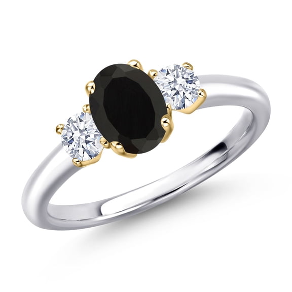 Gem Stone King 925 Silver and 10K Yellow Gold Black Onyx and White Zirconia Engagement Ring for Women | 1.35 Cttw | Oval 7X5MM | Gemstone December Birthstone | Size 6