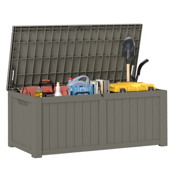120-Gallon Light Brown Outdoor Storage Box - Weather-Resistant Resin Bin for Toys, Tools, and Blankets with Extra Seating and Easy-Move Handles