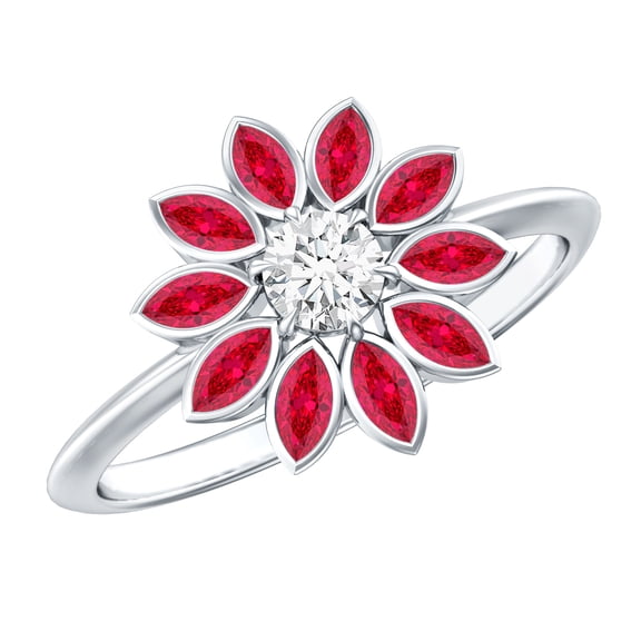 Rosec Jewels Lab Grown Ruby and Diamond Floral Ring for Women (AAAA Quality) - Statement Cocktail Ring - with Jewelry Box, 925 Sterling Silver, US 4.00