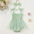 thumbnail image 2 of LIIPEE Girls Romper Summer Floral Printed Sleeveless Mesh Jumpsuit With Bow Headband Kids Elegant Comfortable Breathable Soft Cute Daily Bodysuit,Green,0-3 Months, 2 of 3